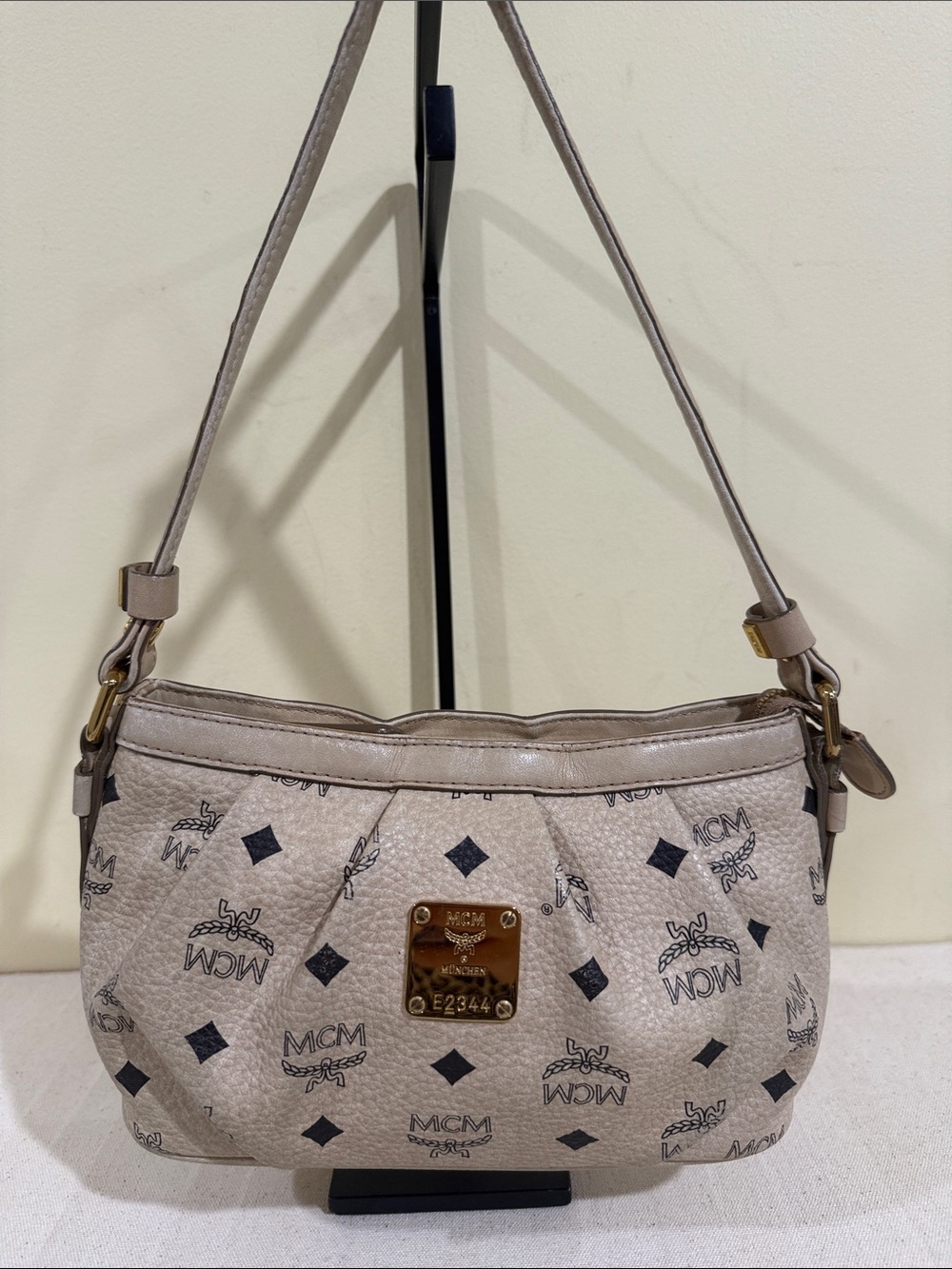 Authentic MCM Hobo bag Logo-Print Shoulder Bag with Gold Plaque Accent
